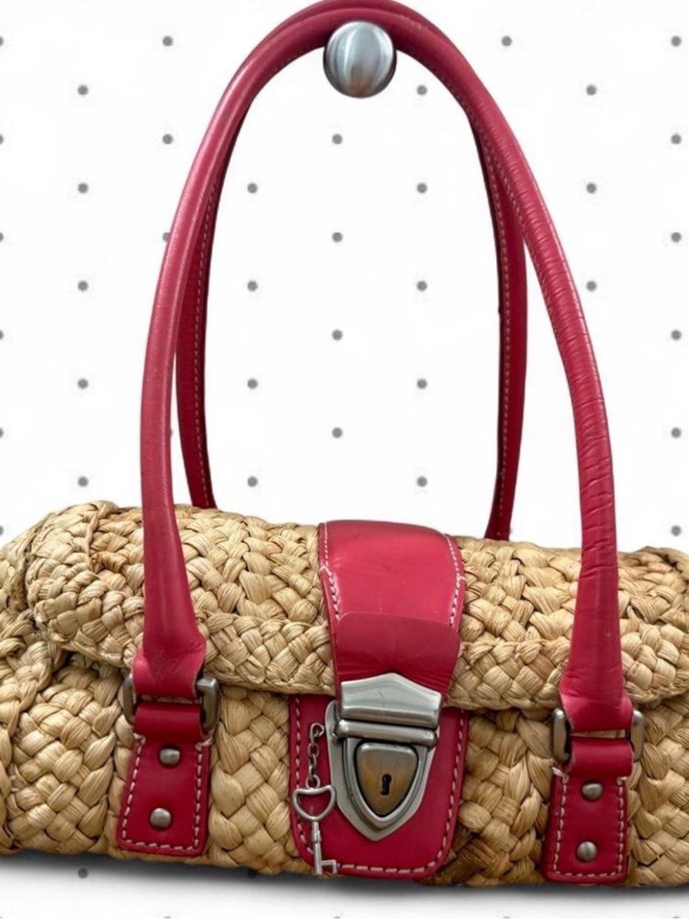 Woven Straw Satchel with Pink Trim